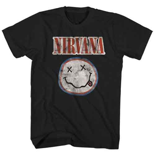 Black t-shirt with distressed Nirvana logo and smiley face graphic.