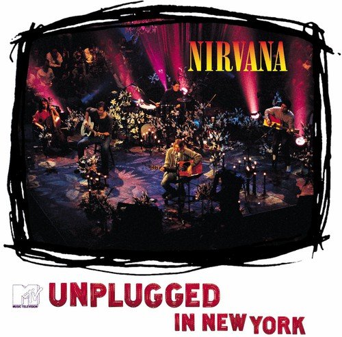 Nirvana performing “Unplugged” on a television-shaped vinyl record cover.
