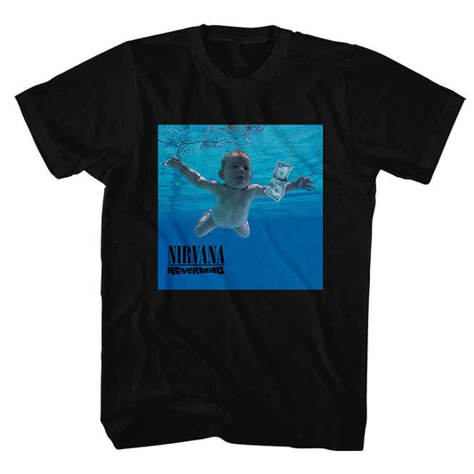 Man wearing a black t-shirt with the Nirvana Nevermind album cover.