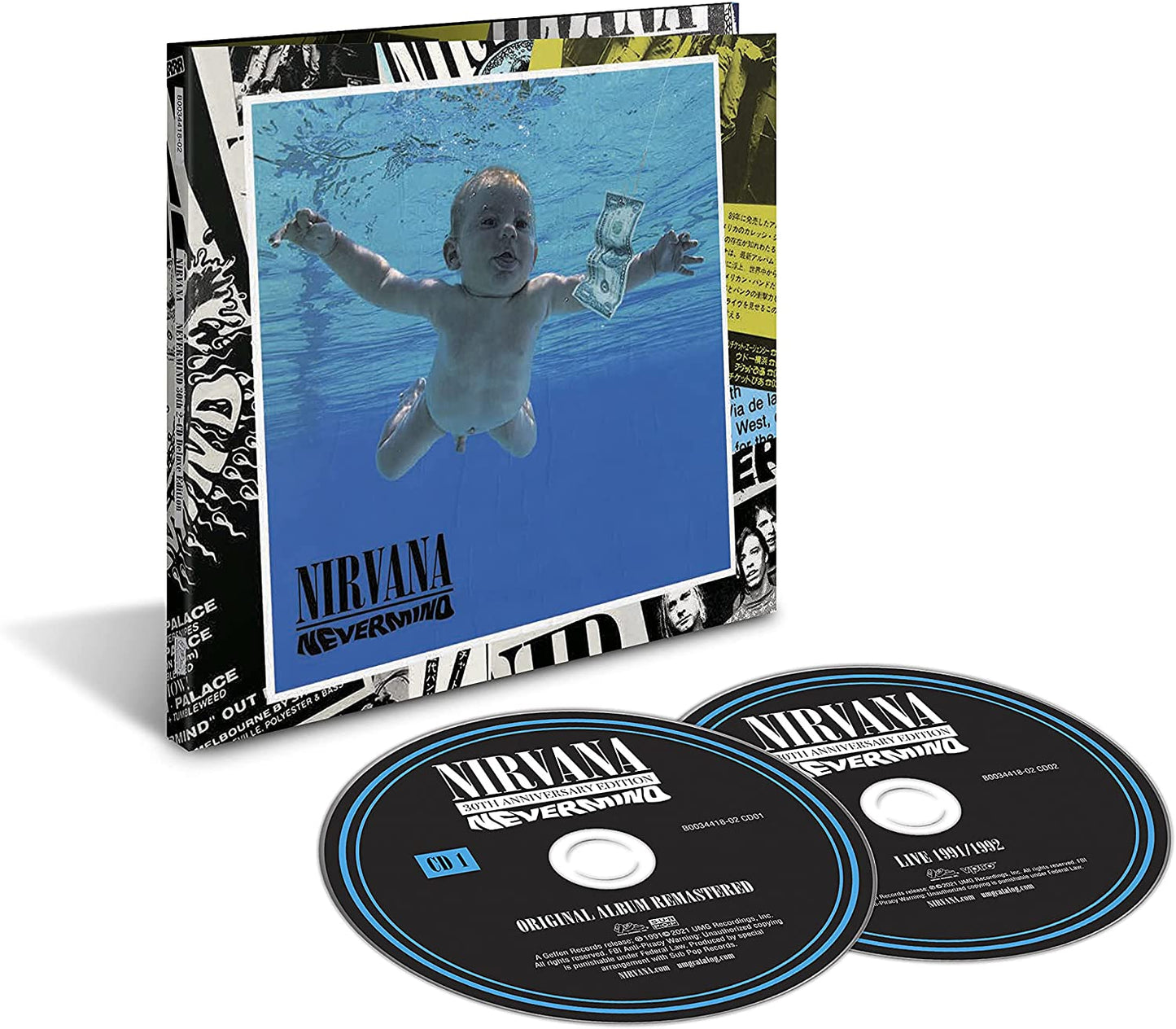 Nirvana Nevermind CD case featuring a swimming baby and two black music discs.