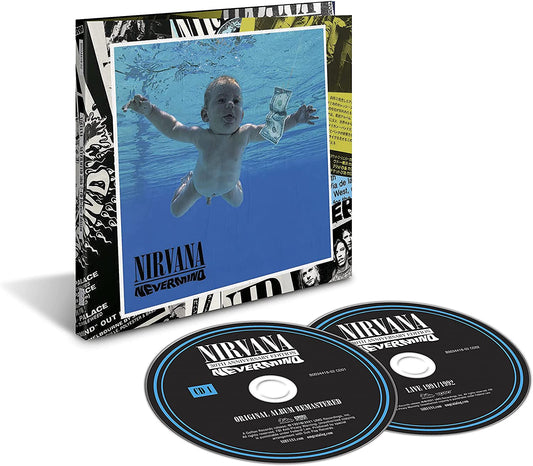 Nirvana Nevermind CD case featuring a swimming baby and two black music discs.