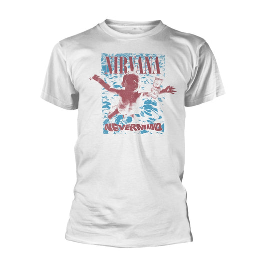 White t-shirt with the "Nevermind" album cover graphic featuring a baby underwater.