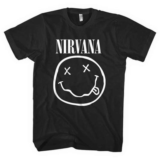 Woman wearing a dark green Nirvana t-shirt with a smiley face logo.