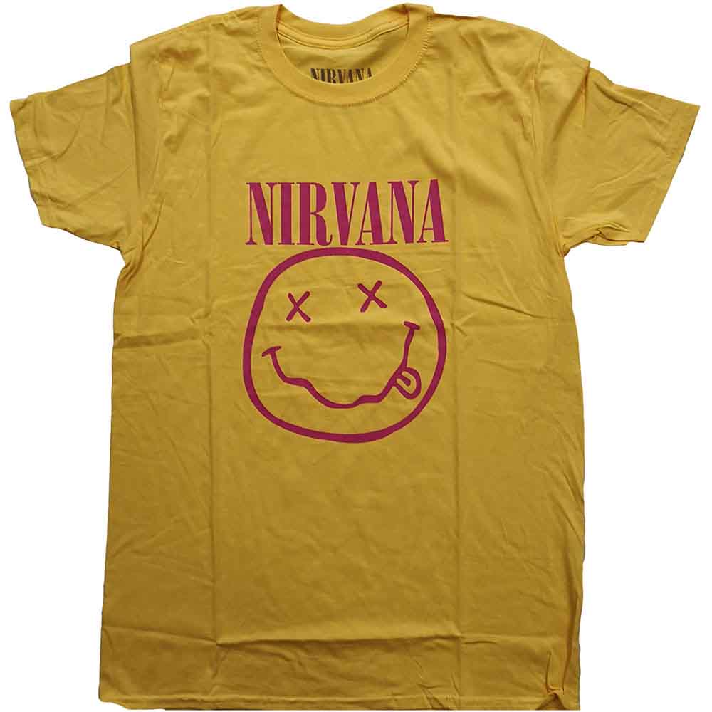 Yellow Nirvana t-shirt with pink smiley face and band logo.