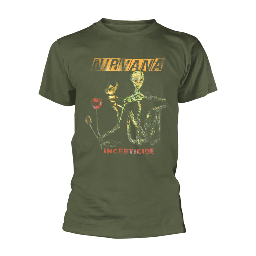 Green Nirvana t-shirt with "Incesticide" album art graphic.