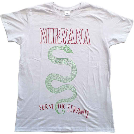 White t-shirt with Nirvana band logo and text, modeled by a man.