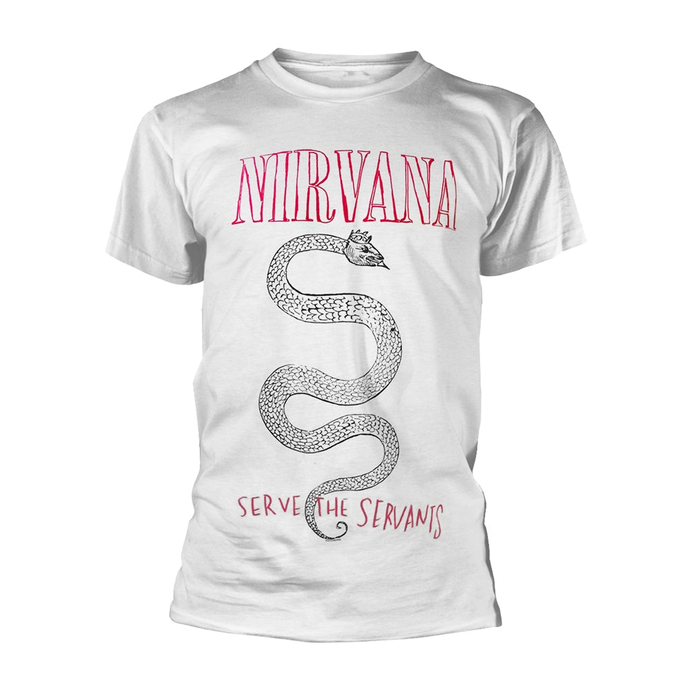 White Nirvana t-shirt with red text and a snake graphic.