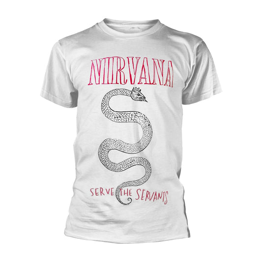 White Nirvana t-shirt with red text and a snake graphic.