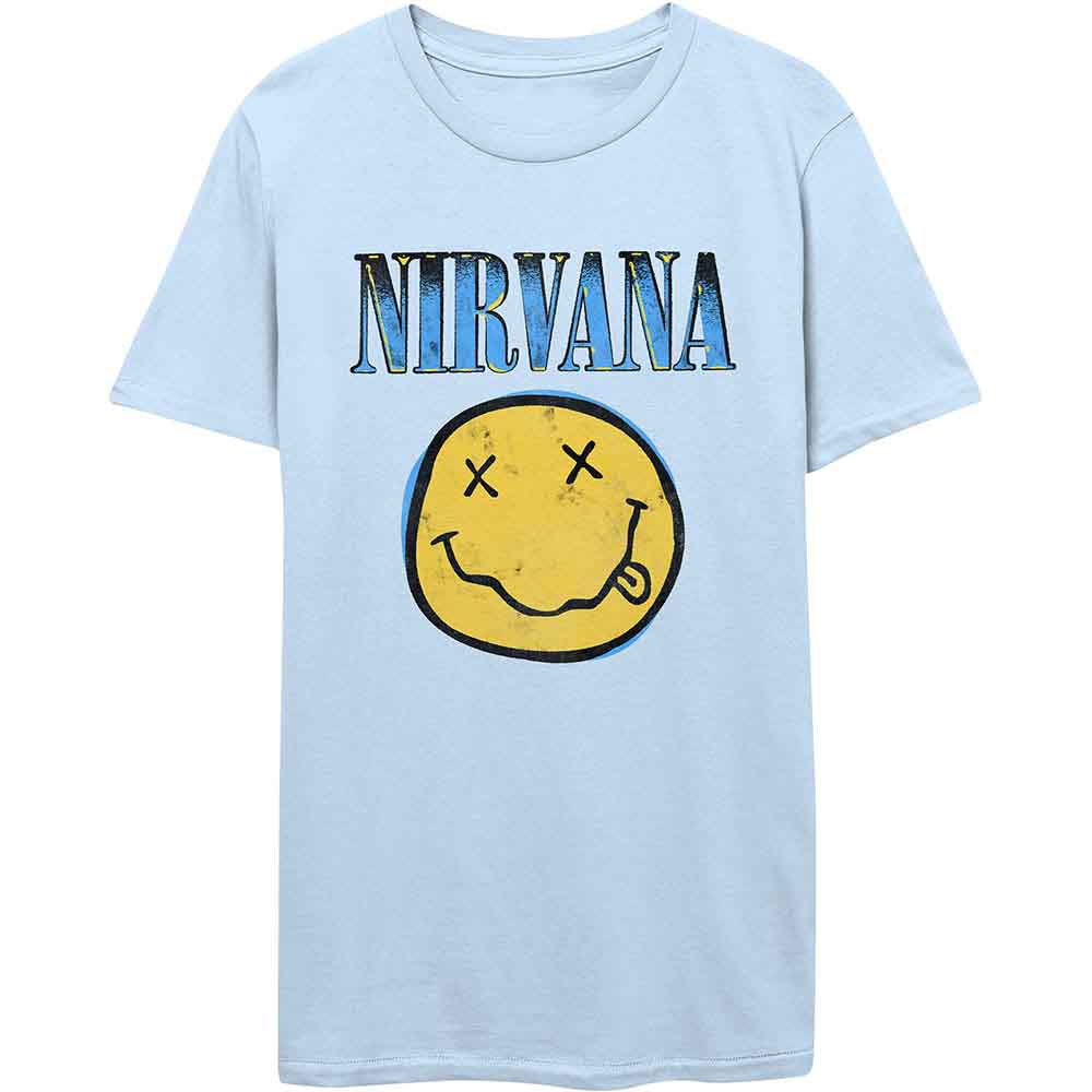 Light blue Nirvana t-shirt with a yellow smiley face graphic.