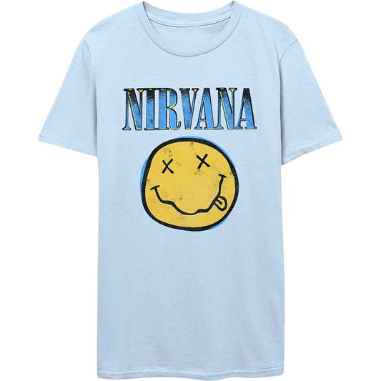 Light blue Nirvana t-shirt with a yellow smiley face graphic.