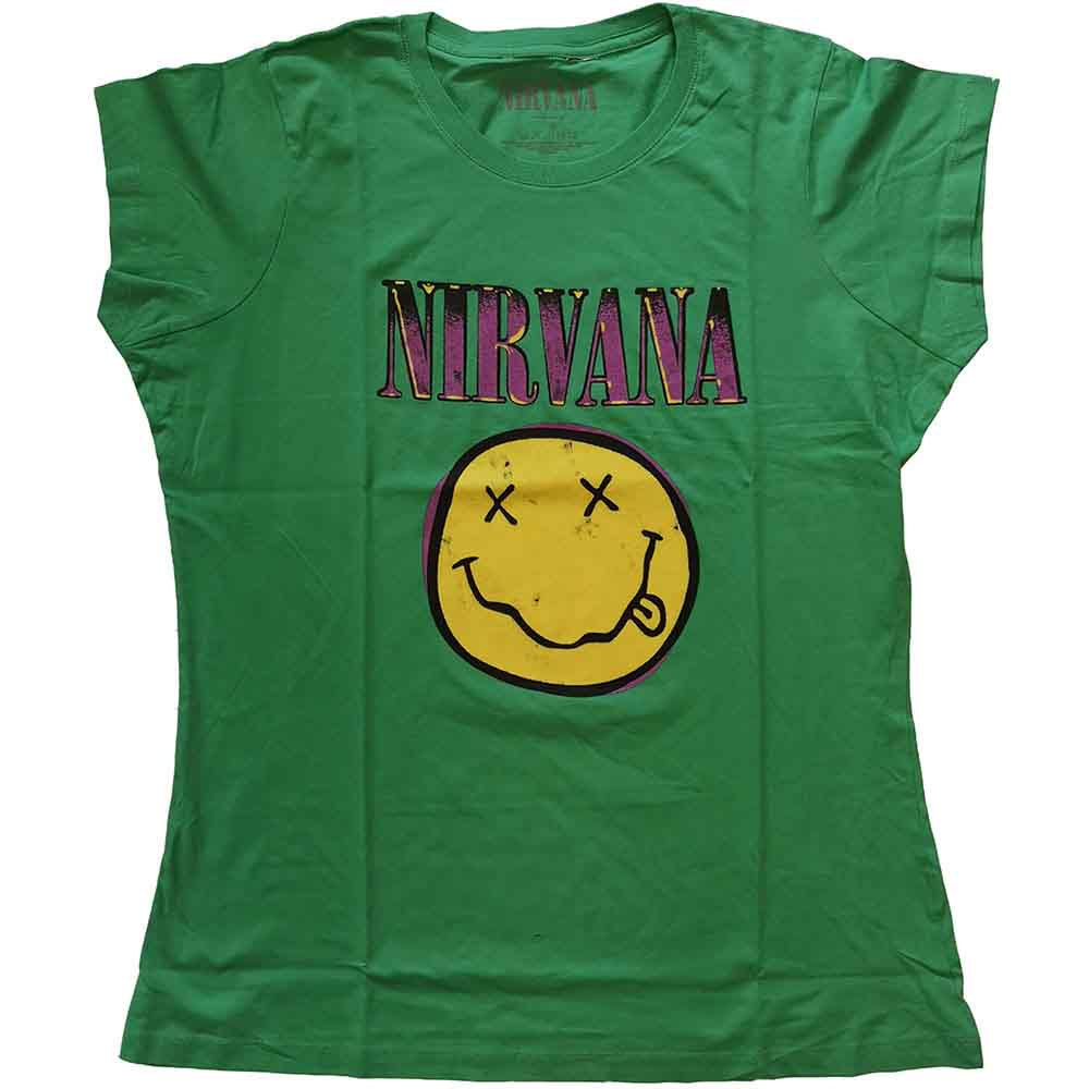 Heather grey Nirvana t-shirt with purple logo and yellow smiley face.