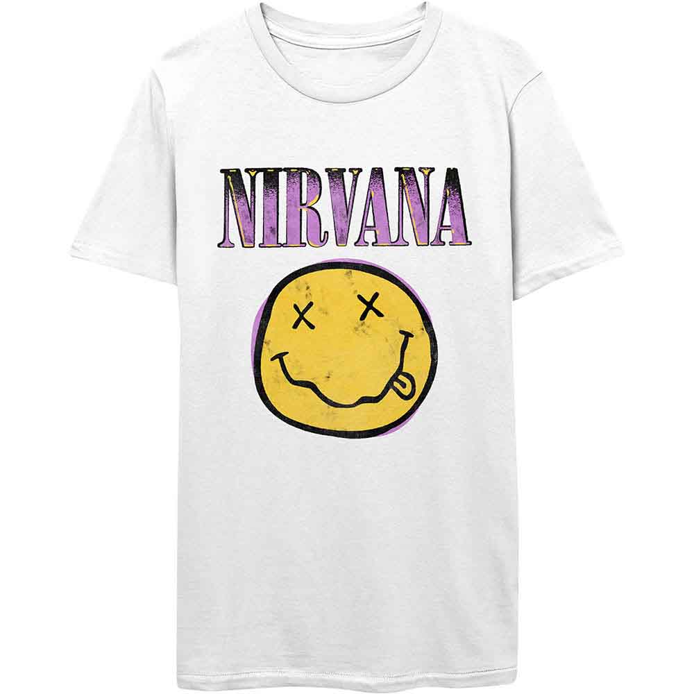 White Nirvana t-shirt with purple and yellow smiley face graphic.