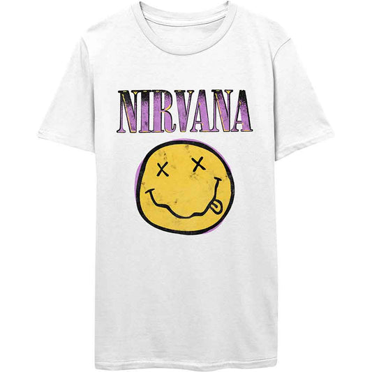 White Nirvana t-shirt with purple and yellow smiley face graphic.