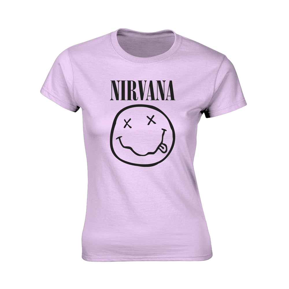 Light purple t-shirt with black "NIRVANA" text and smiley face graphic.