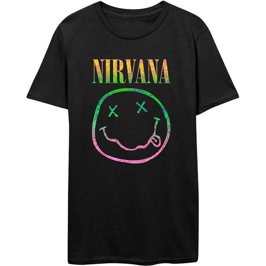 BlackLblack t-shirt with colorful Nirvana text and a rainbow-colored smiley face graphic.