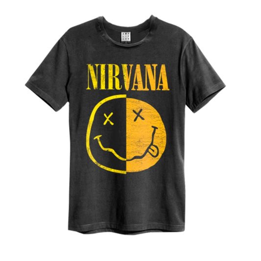 Charcoal t-shirt with yellow and black Nirvana smiley face graphic.