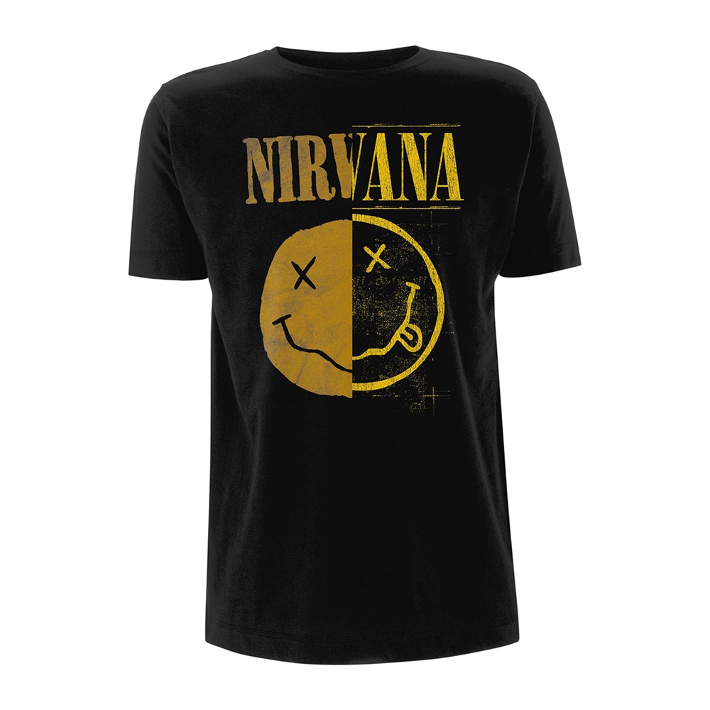 Black Nirvana t-shirt with distressed smiley face graphic.