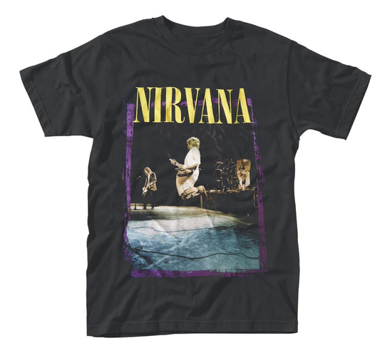 Black t-shirt with Nirvana band logo and concert stage dive image.