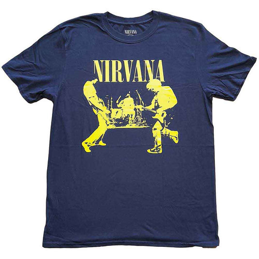 Dark blue Nirvana t-shirt with a yellow concert graphic print.