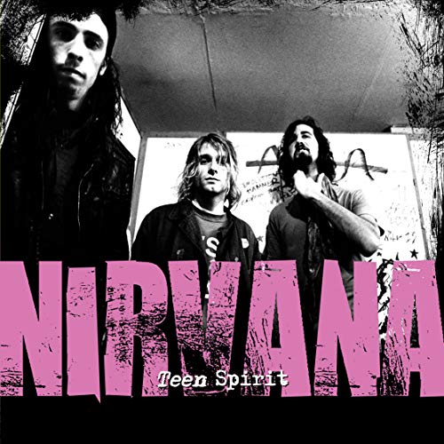Black and white photo of Nirvana band members with pink title text.