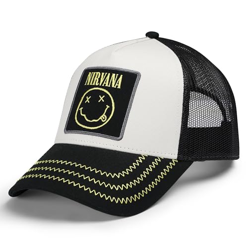 White and black trucker cap with Nirvana logo and smiley face.