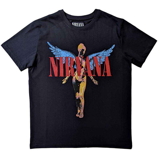 Black t-shirt with white graphic of a winged figure, Nirvana logo.
