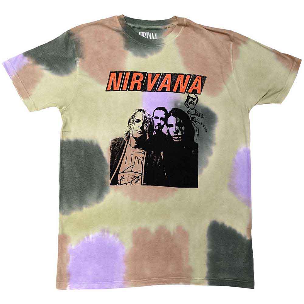 Tie-dye Nirvana t-shirt with band image and "NIRVANA" text.