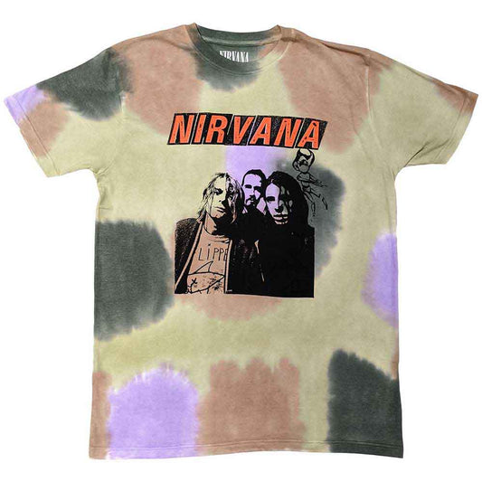 Tie-dye Nirvana t-shirt with band image and "NIRVANA" text.