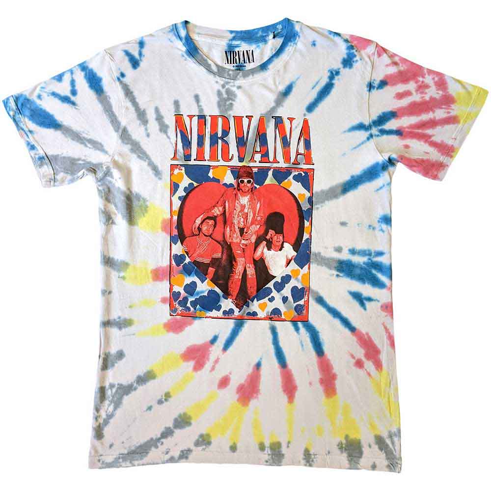 Tie-dye Nirvana t-shirt with band image inside a red heart.
