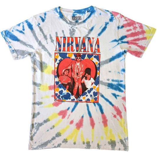 Tie-dye Nirvana t-shirt with band image inside a red heart.