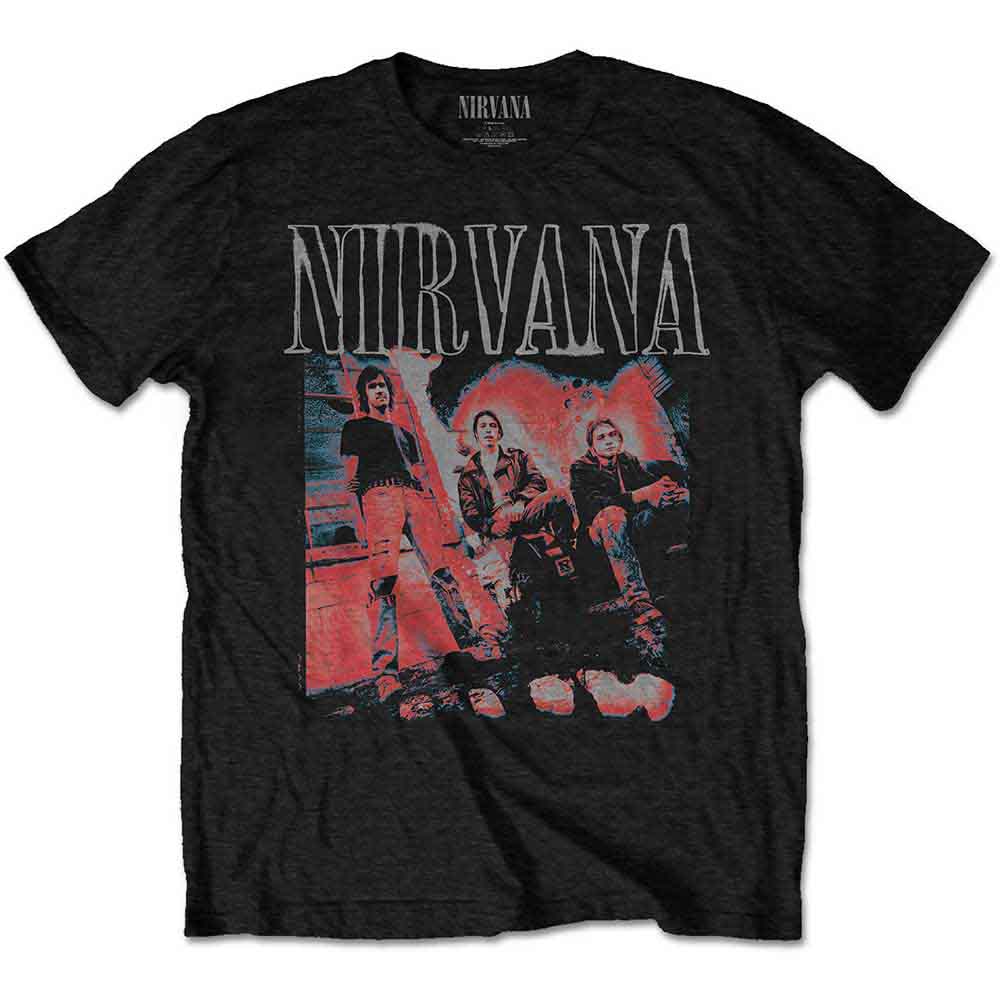 Medium t-shirt featuring Kurt Cobain portrait, Nirvana logo, black color.