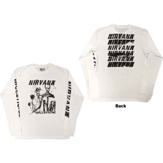 Black long sleeve t-shirt with Nirvana’s “Incesticide” artwork on back and sleeves.