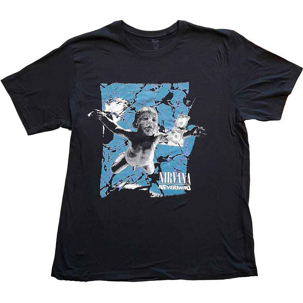 Black t-shirt featuring the cracked baby design from Nirvana’s Nevermind album cover.