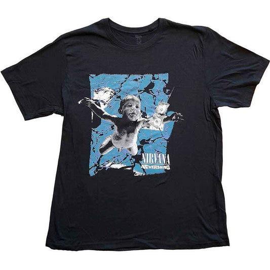 Black t-shirt featuring the cracked baby design from Nirvana’s Nevermind album cover.
