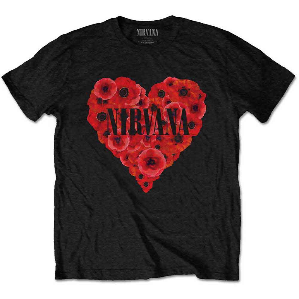 Black unisex t-shirt featuring a red poppy flower shaped like a heart.