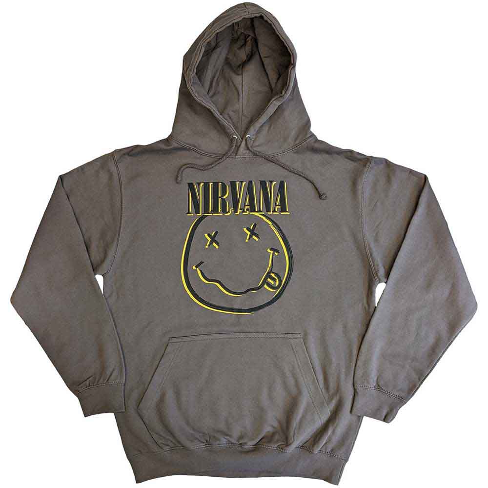 Medium, dark hoodie with a white, inverted smiley face graphic.