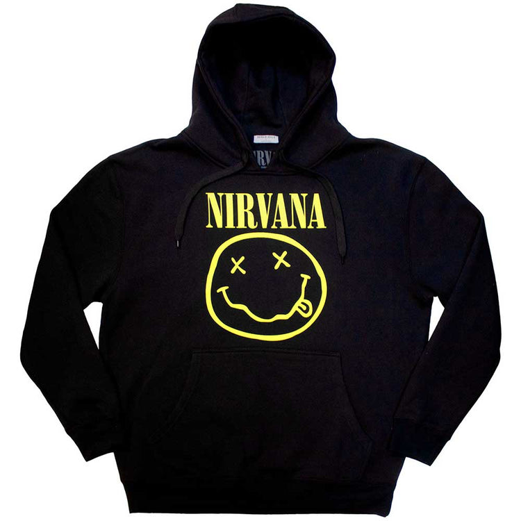 Yellow hoodie with a black smiley face, Nirvana logo, size X-Large.