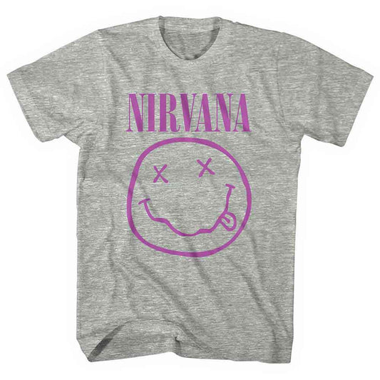 Purple t-shirt with a white smiley face, Nirvana logo, medium size.