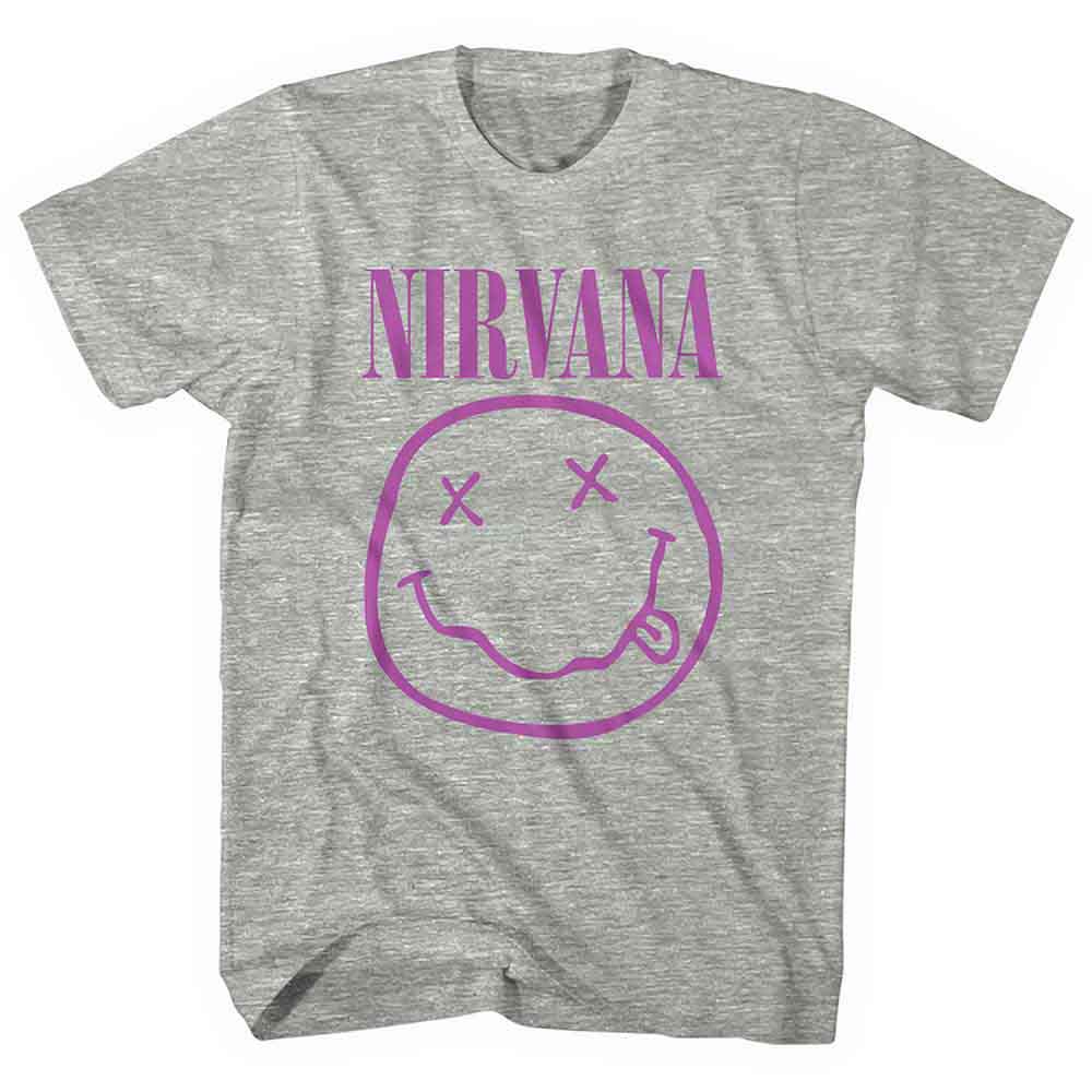 Purple t-shirt with a white smiley face, Nirvana logo, medium size.