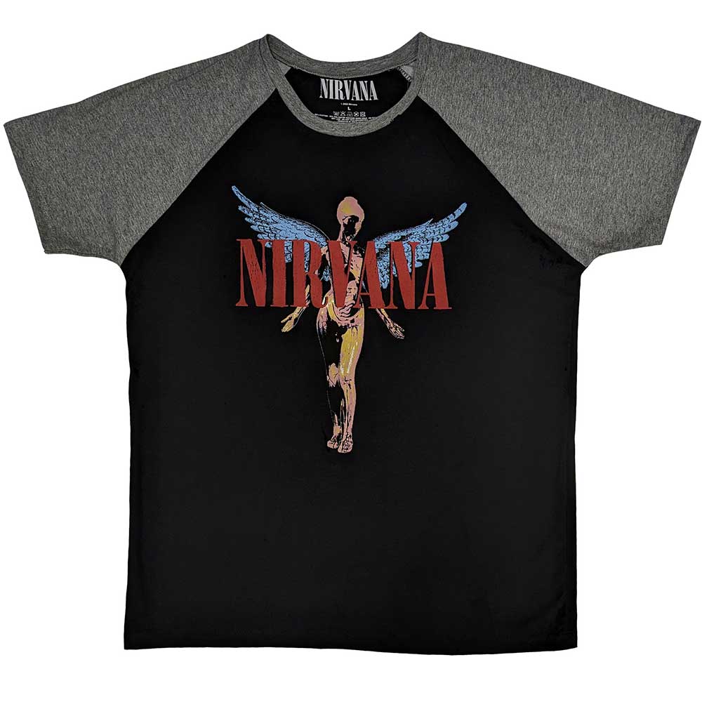 Raglan t-shirt, likely cream with a faded angel graphic, size large.