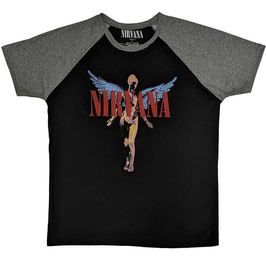 Raglan t-shirt, likely cream with a faded angel graphic, size large.