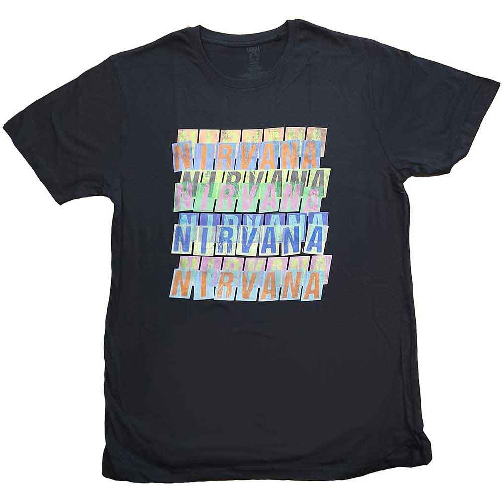 Black t-shirt with white "Nirvana" logo repeating, size X-Large.
