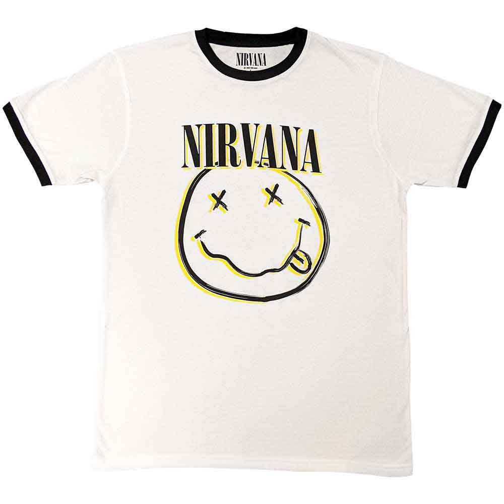 Medium fit ringer t-shirt with a Nirvana double smiley face graphic.