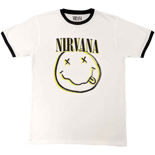 Medium fit ringer t-shirt with a Nirvana double smiley face graphic.