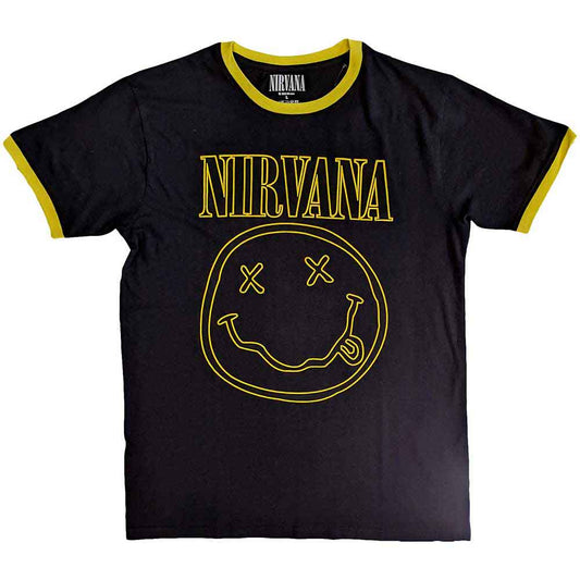 Black t-shirt with white collar, large white outline happy face graphic.