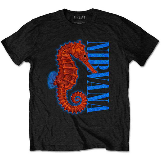 Small black t-shirt with a white seahorse graphic, Nirvana branding.