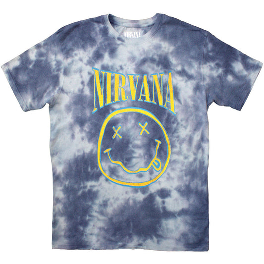 Blue Nirvana smiley face t-shirt, medium size, washed effect.