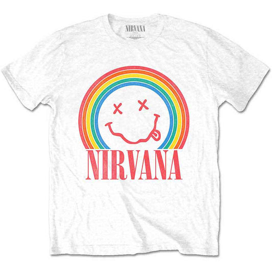 Black t-shirt with a rainbow smiley face Nirvana band logo, size XX-Large.