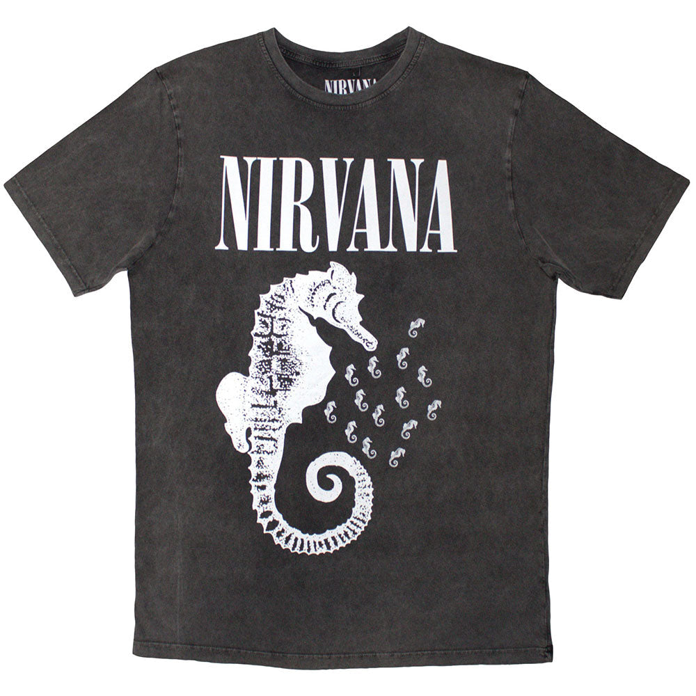 Charcoal grey Nirvana t-shirt with seahorse graphic and band logo.