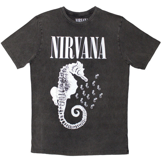Charcoal grey Nirvana t-shirt with seahorse graphic and band logo.